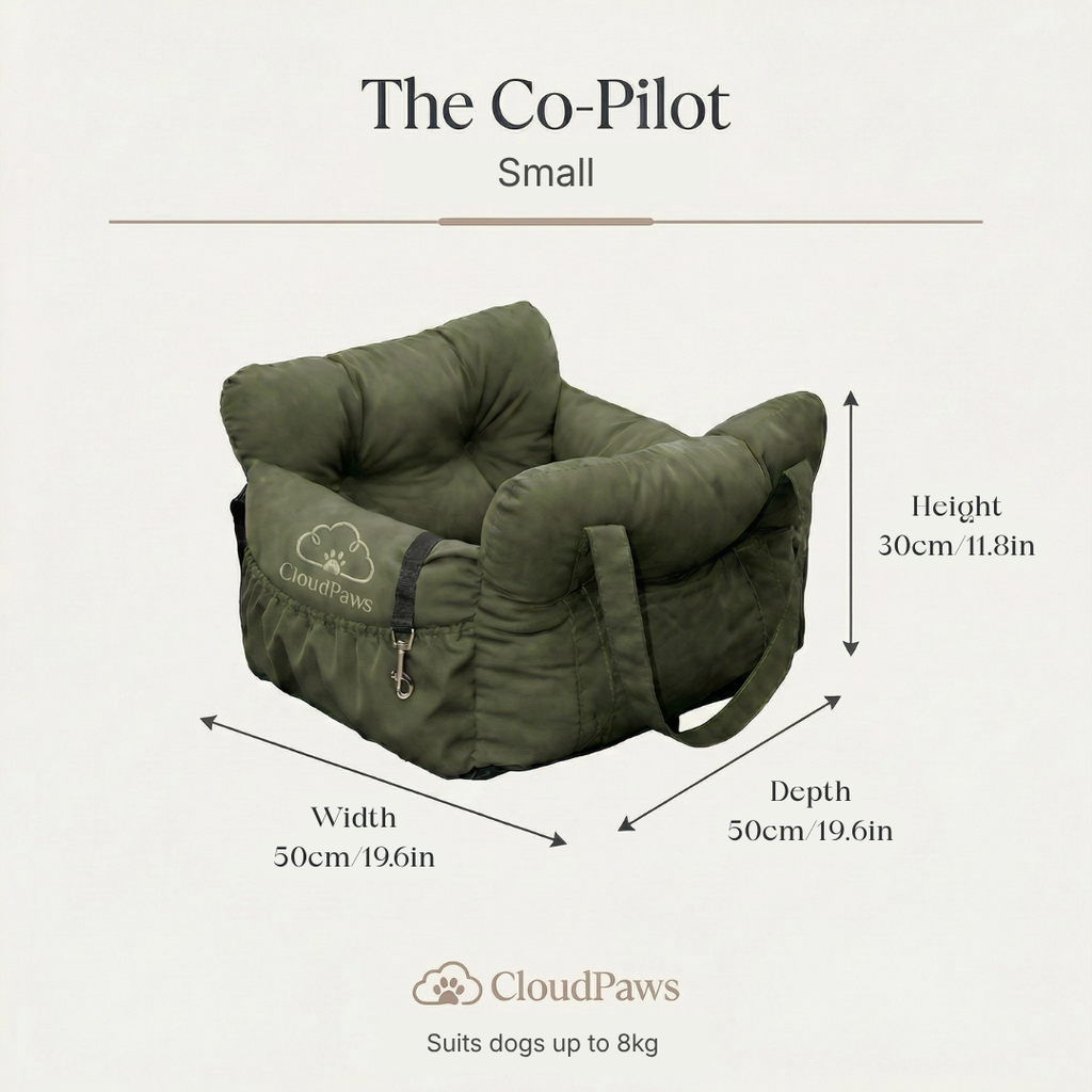 Green pet car seat with dimensions and CloudPaws branding on a white background