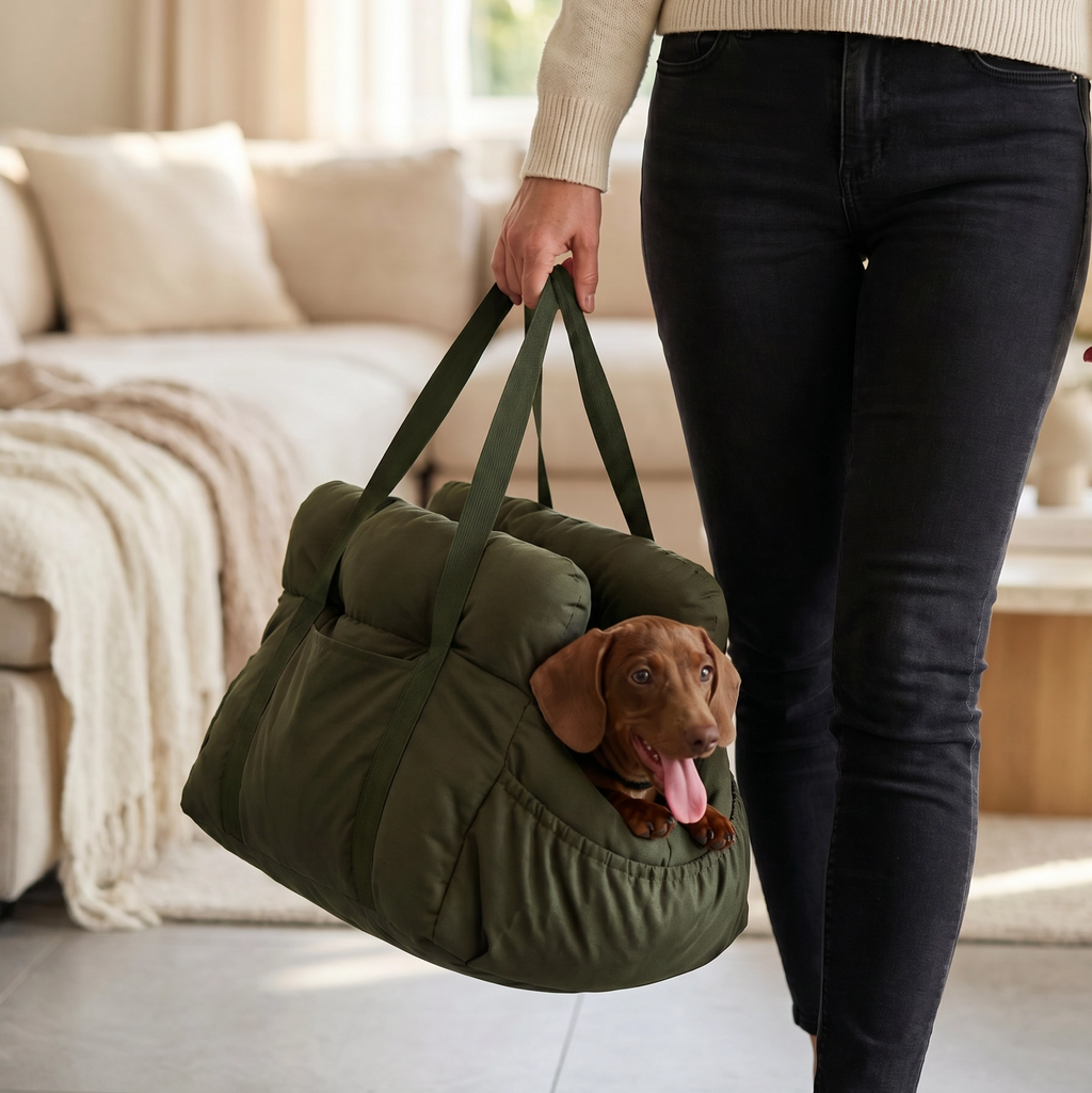 Person holding a green pet carrier with a dog inside in a living room.