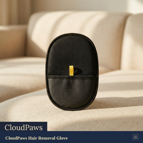 Black hair removal glove with gold clip on a beige surface, branded as CloudPaws.