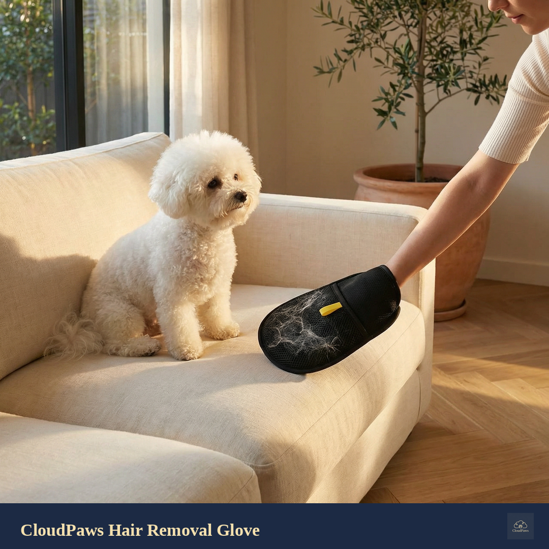White dog sitting on a couch next to a person using a CloudPaws hair removal glove.