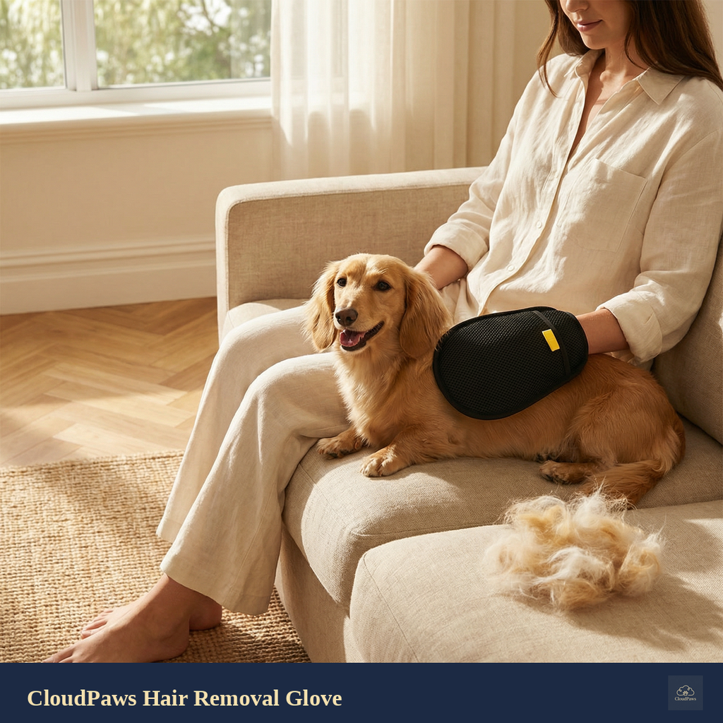 Woman sitting on a couch with a dog wearing a CloudPaws hair removal glove, surrounded by shedded fur.