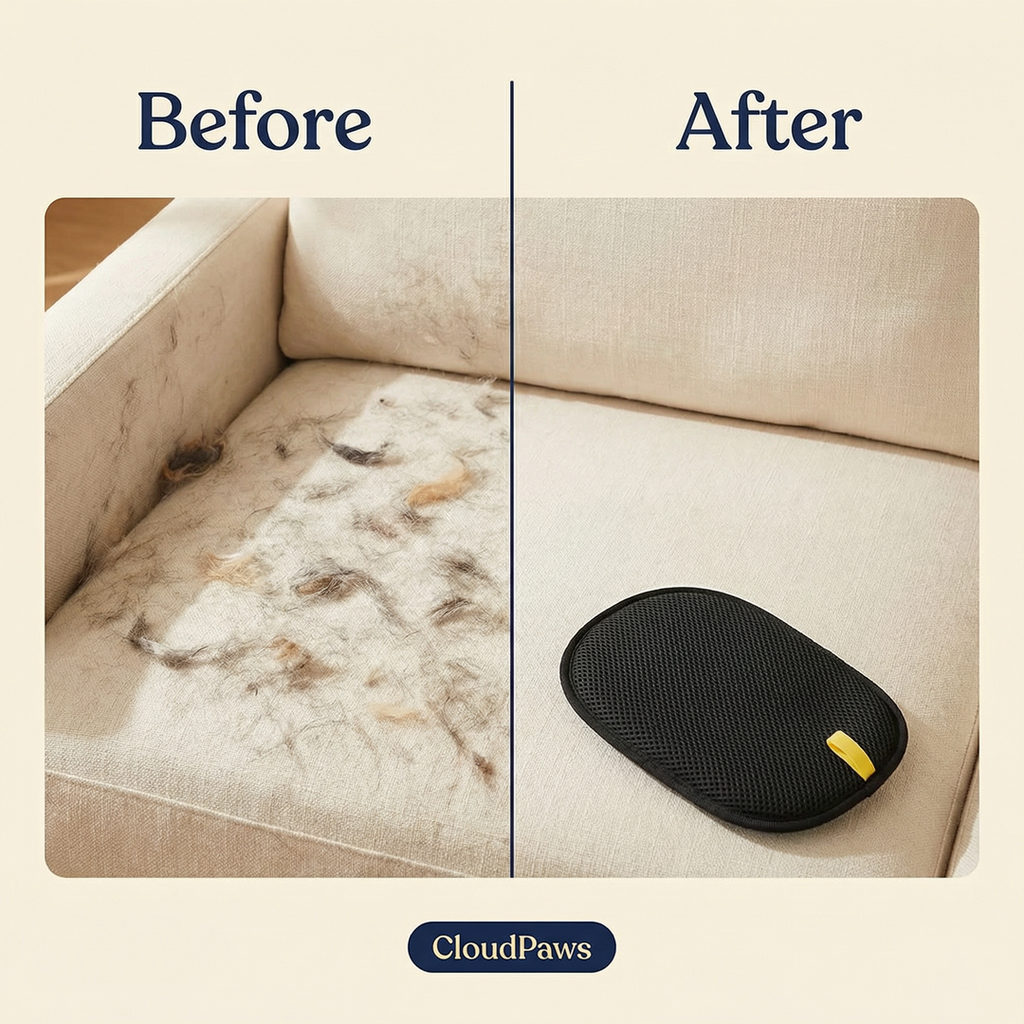 Before and after comparison of a dirty pet bed with CloudPaws product.