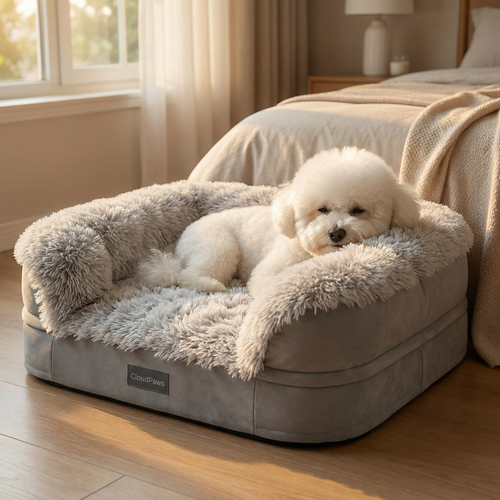 White dog lying on a fluffy pet bed in a cozy bedroom.