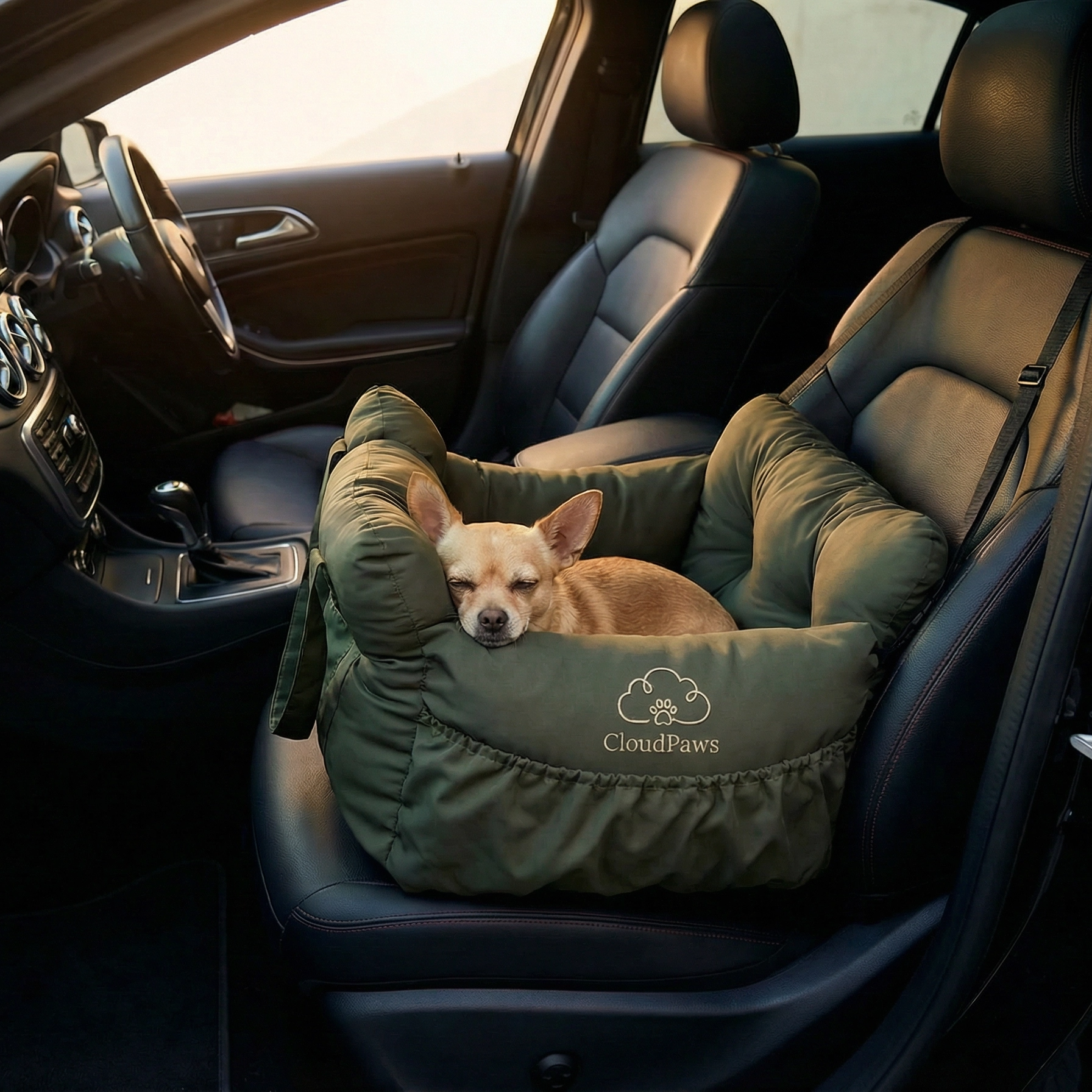 Dog in a green pet seat in a car with 'CloudPaws' branding.