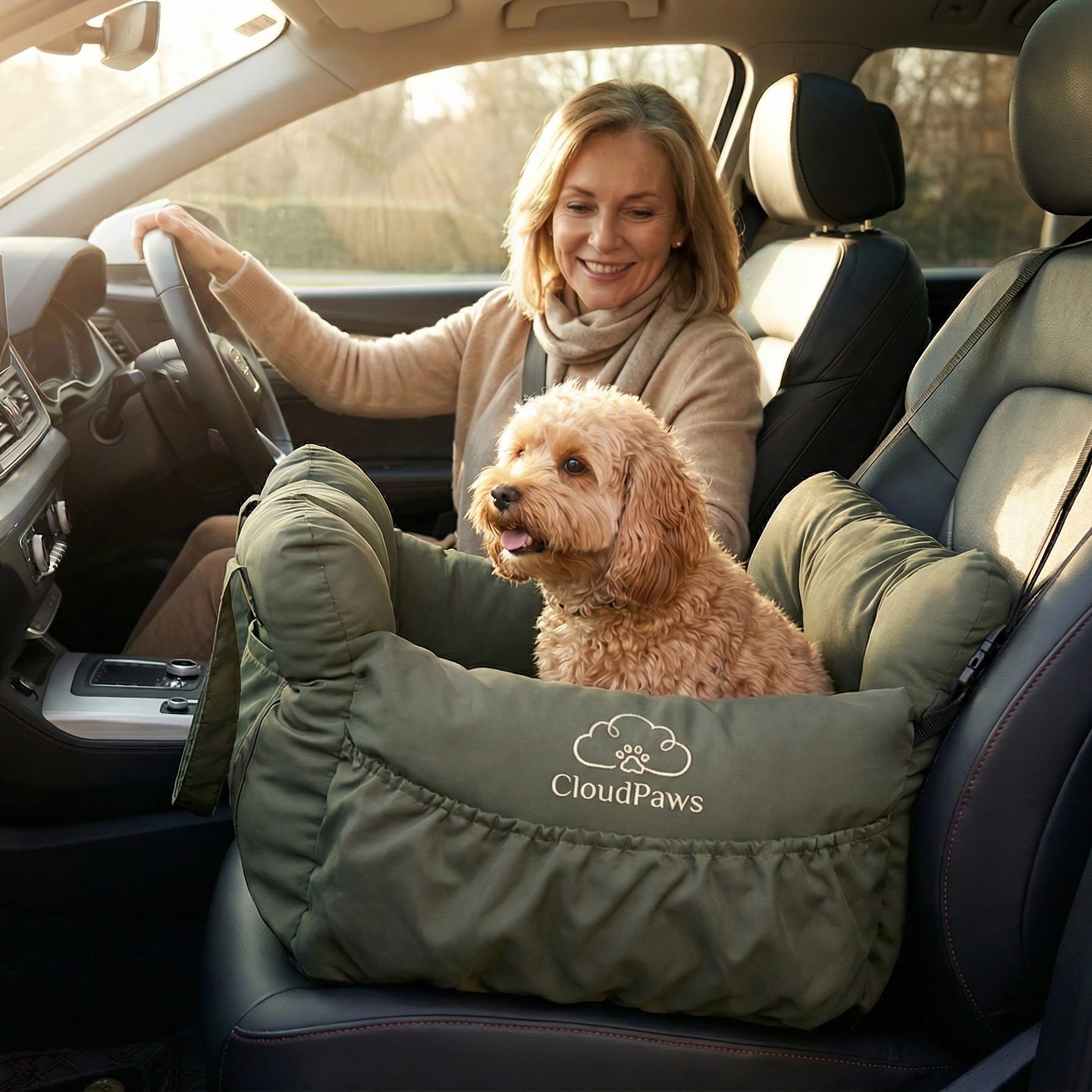 Woman with a dog in a pet seat in a car, using CloudPaws product.