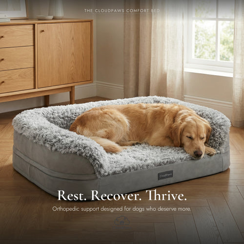 Dog lying on a CloudPaws comfort bed in a room with wooden furniture and a window.