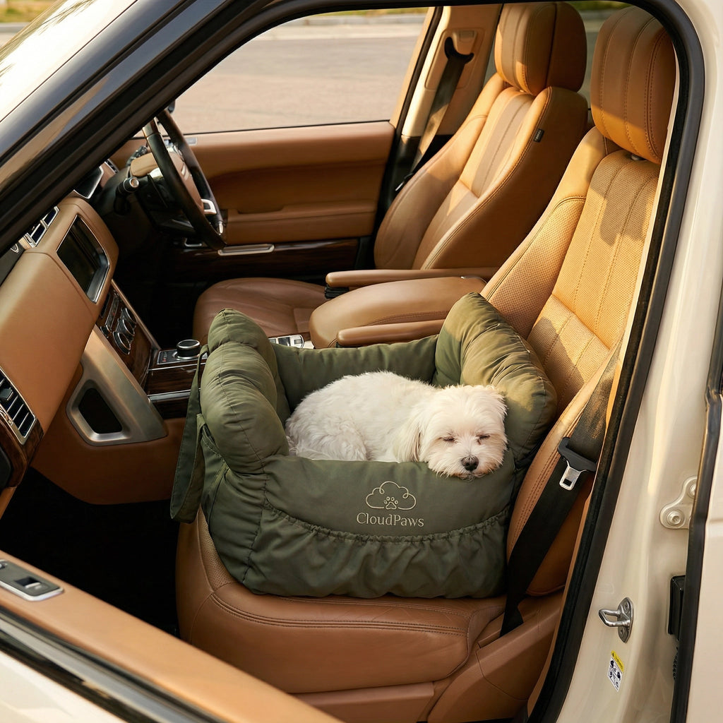 Dog in a green pet seat cover inside a car with brown leather seats.